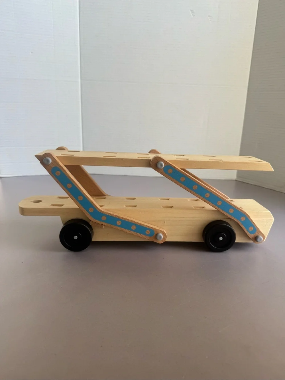 Melissa & Doug Natural Wood Toy Car Carrier with Light Blue Accents
